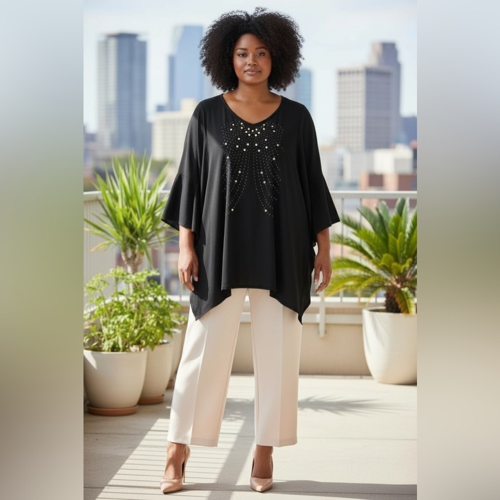 Laura Plus 14+, Black Embellished Flowy Top, 2X Plus Size